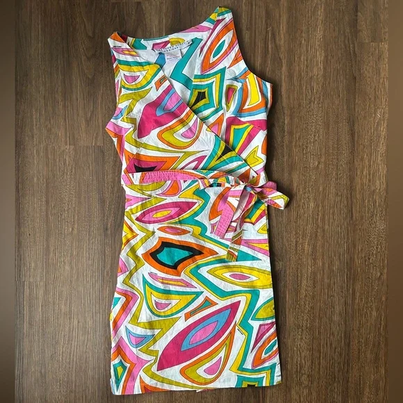 GRETCHEN SCOTT DESIGNS Cotton Sleeveless Wrap Dress Multicolor Geo Abstract | M - Picture 3 of 14